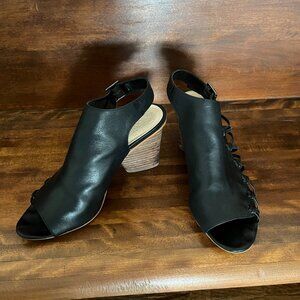 Vince Camuto Black Ankara Peep-Toe Slingback Leather Block Heel Sandal Size 9.5